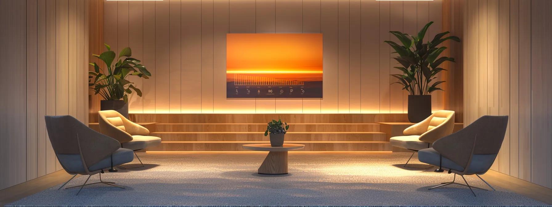 a serene, modern therapy office with a sleek, minimalist design, featuring comfortable seating, soft ambient lighting, and a digital screen displaying engaging mental health statistics, symbolizing the effectiveness of online therapy in contemporary mental health care.